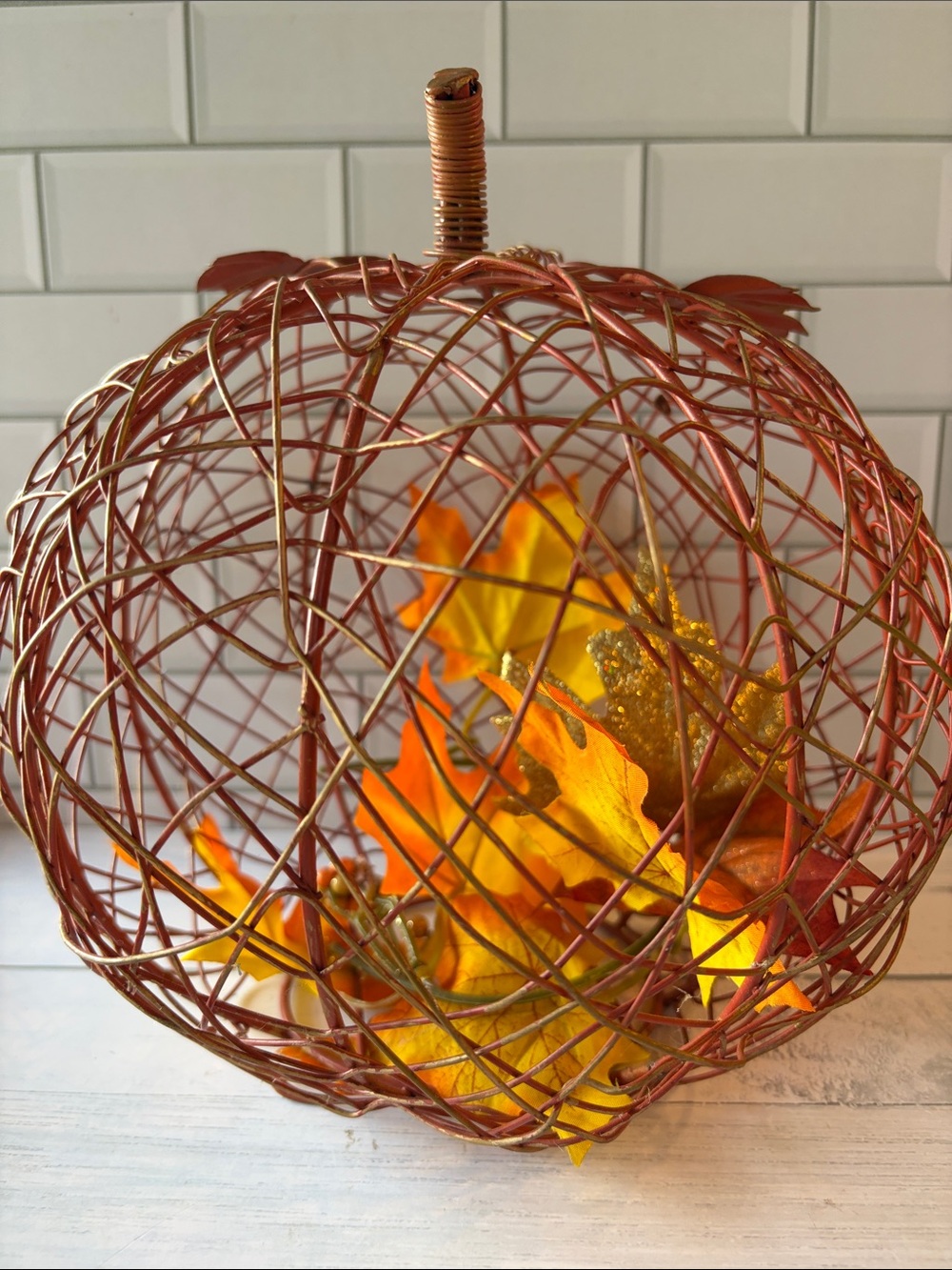 Copper Wire Pumpkin Decor with Orange & Gold Leaves